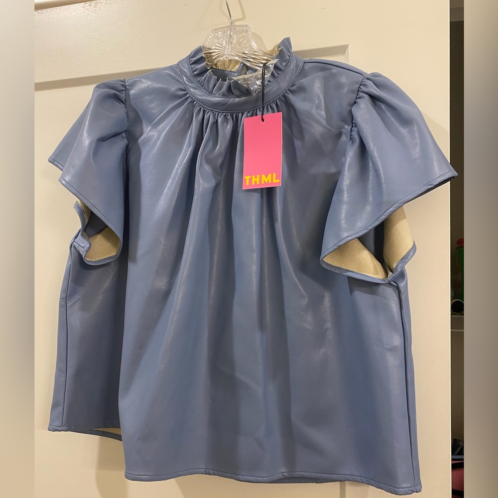 THML new with tags Blue leather blouse
